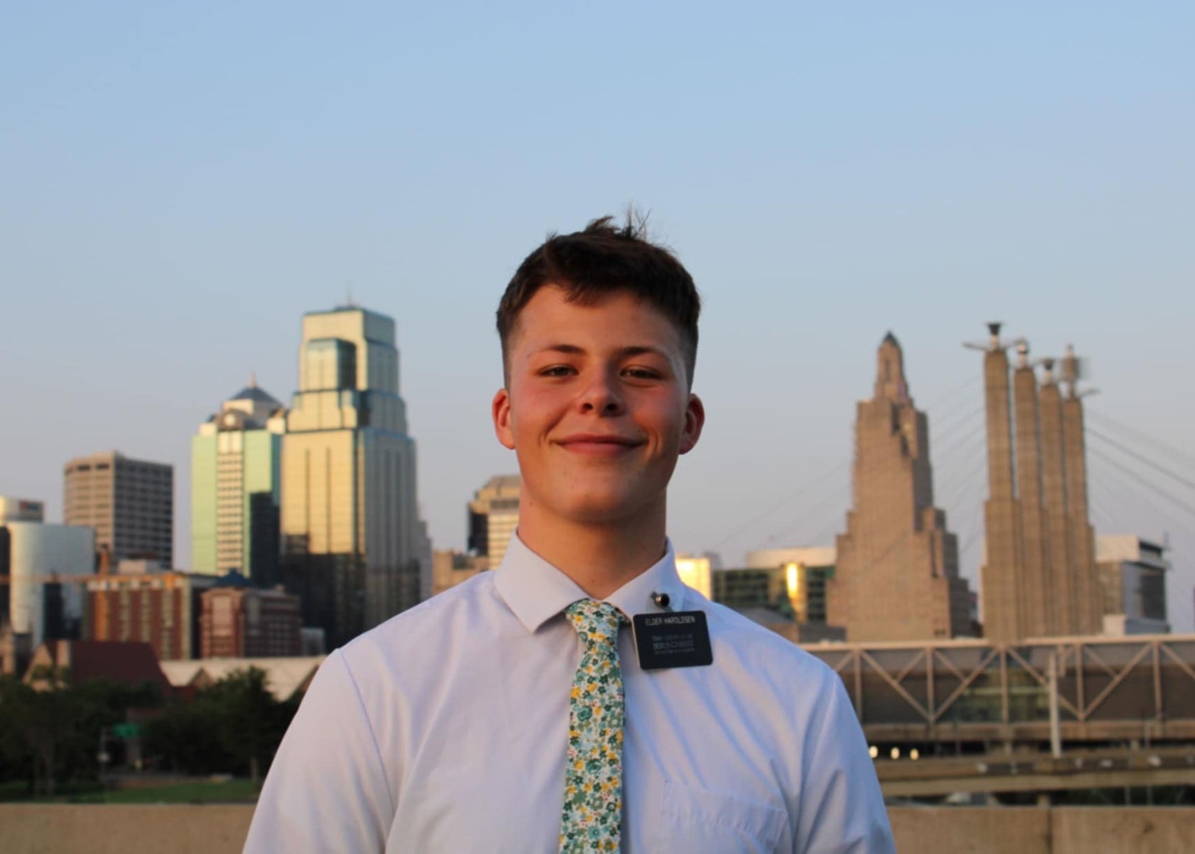 LDS Missionary wearing a blue and green floral tie